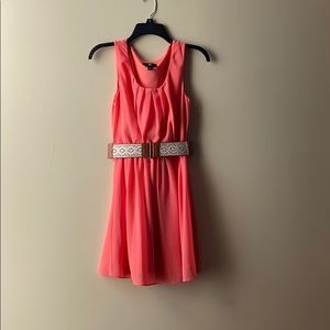 Peach dress with brown and cream lacey belt